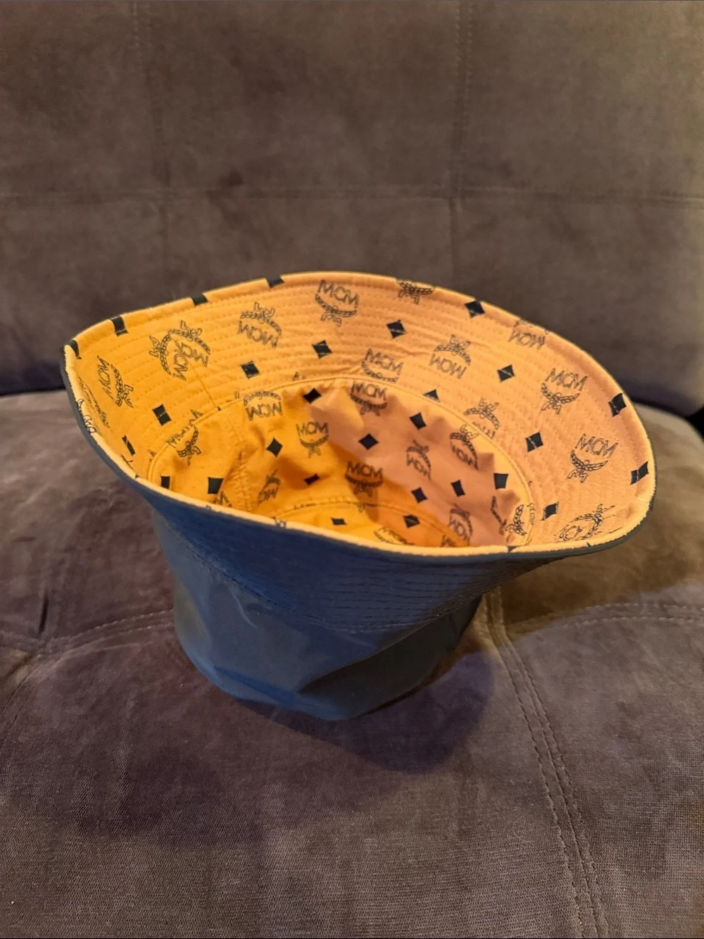 MCM Kids Tan Bucket Hat with Black Logo Print